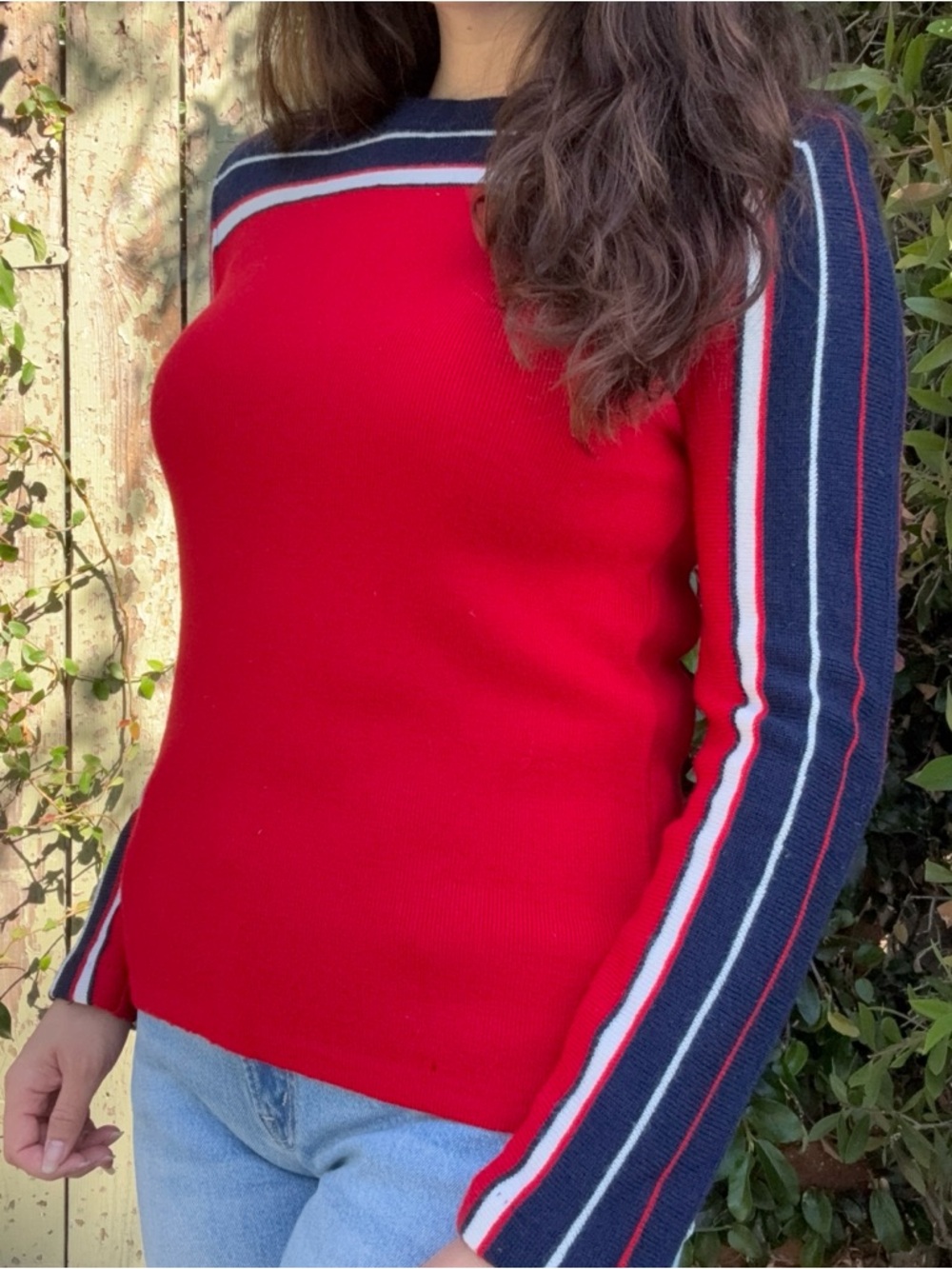 Vintage 70s Meister 100% Wool Red Blue White Ski Sweater